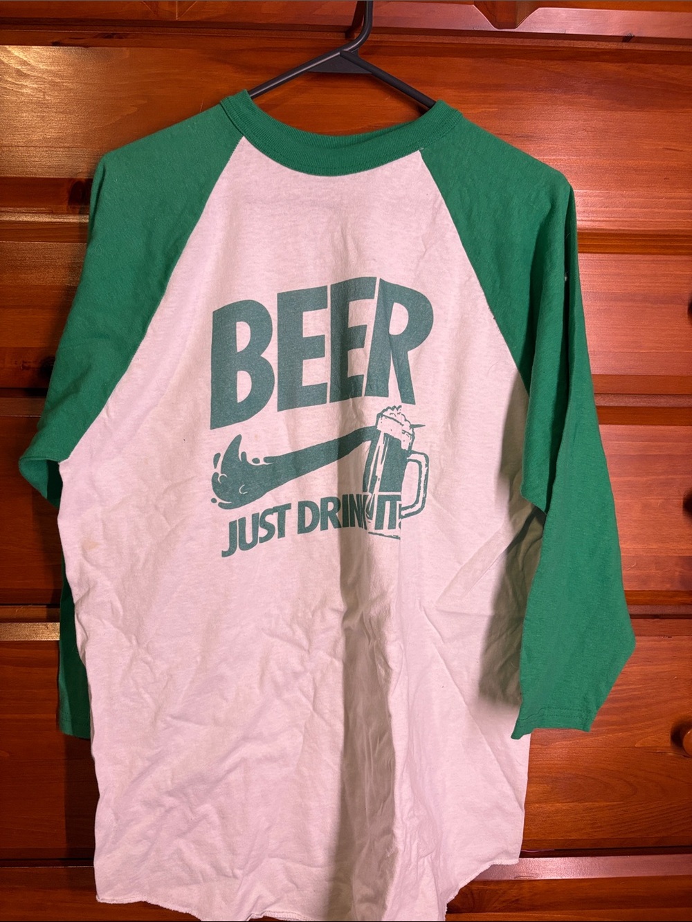 Nike Green and White Raglan Long Sleeve Tee - BEER Graphic